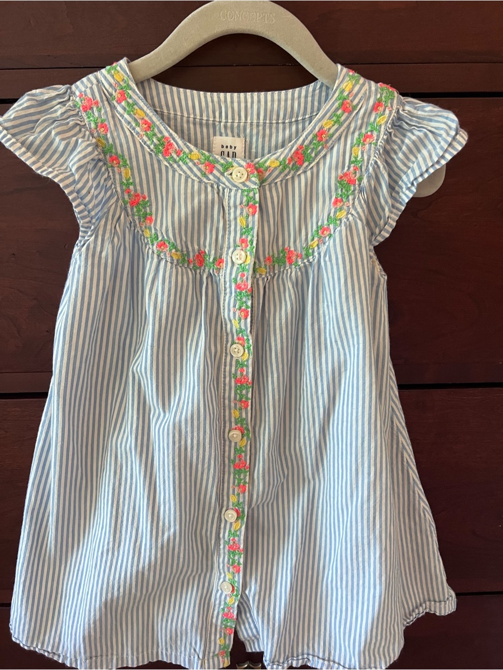 GAP Light Blue and White Striped Embroidered Button-Front Dress
